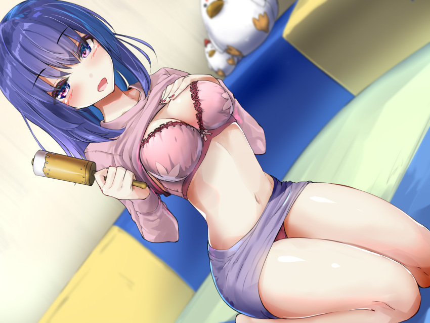 1girl :d barefoot blue_eyes blue_hair blurry blush bra breasts cleavage collarbone depth_of_field dutch_angle hand_on_own_chest hands_up highres holding indoors lace lace-trimmed_bra long_hair long_sleeves looking_at_viewer medium_breasts miniskirt nail_polish navel open_mouth original paint_roller panties pencil_skirt pink_bra pink_shirt purple_skirt red_nails red_panties seiza shirt shirt_lift sitting skirt smile solo stomach stuffed_chicken tenrai thighs underwear