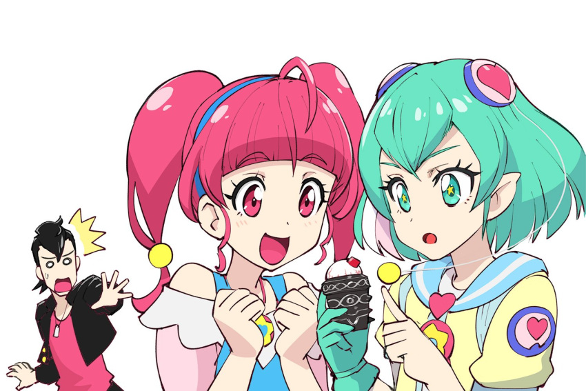 1boy 2girls ahoge black_hair blank_eyes blue_hair gloves hagoromo_lala hairband hoshina_hikaru kamen_rider kamen_rider_fourze_(series) kisaragi_gentarou multiple_girls pink_hair pointy_ears pompadour precure single_glove star_twinkle_precure surprised trait_connection twintails ueyama_michirou white_background zodiarts_switch