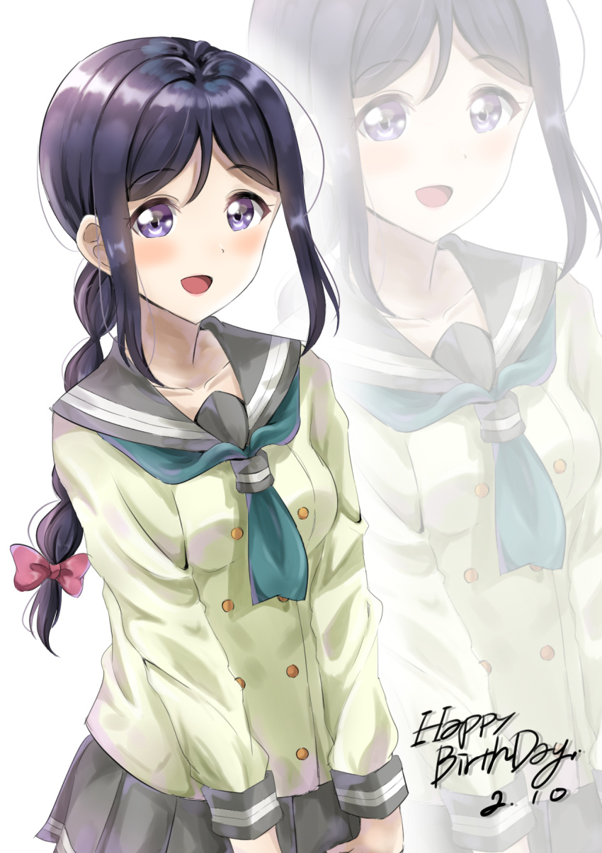 1girl :d bangs black_hair blue_neckwear blush bow braid collarbone commentary_request dated eyebrows_visible_through_hair green_shirt grey_sailor_collar grey_skirt hair_between_eyes hair_bow happy_birthday highres long_hair long_sleeves love_live! love_live!_sunshine!! low_ponytail matsuura_kanan open_mouth pink_bow pleated_skirt sailor_collar school_uniform serafuku shirt sidelocks simple_background sin_(sin52y) single_braid skirt smile solo very_long_hair violet_eyes white_background zoom_layer