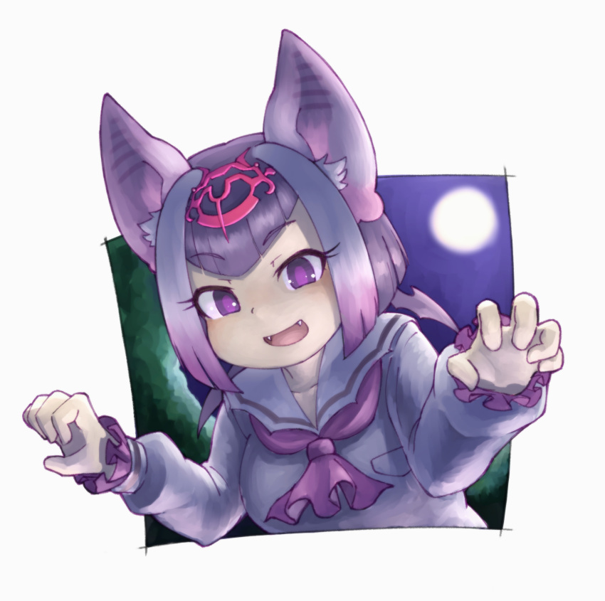 1girl :d animal_ears ascot bangs bat_ears claw_pose commentary common_vampire_bat_(kemono_friends) eyebrows_visible_through_hair fangs full_moon gradient_hair highres kemono_friends long_sleeves looking_at_viewer moon multicolored_hair okome_kogashi open_mouth pink_hair pink_neckwear sailor_collar shirt simple_background smile solo v-shaped_eyebrows violet_eyes white_background white_hair white_shirt