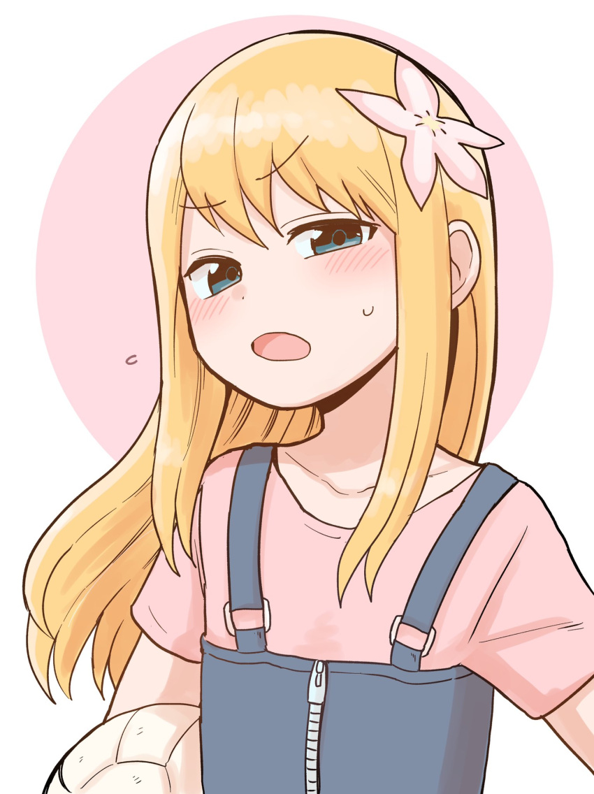 1girl blonde_hair blue_eyes blush character_request commentary_request copyright_request denim eyebrows_visible_through_hair flower hair_flower hair_ornament hat highres long_hair looking_at_viewer open_mouth overalls pink_shirt shiromanta shirt sidelocks solo suspenders sweatdrop volleyball zipper