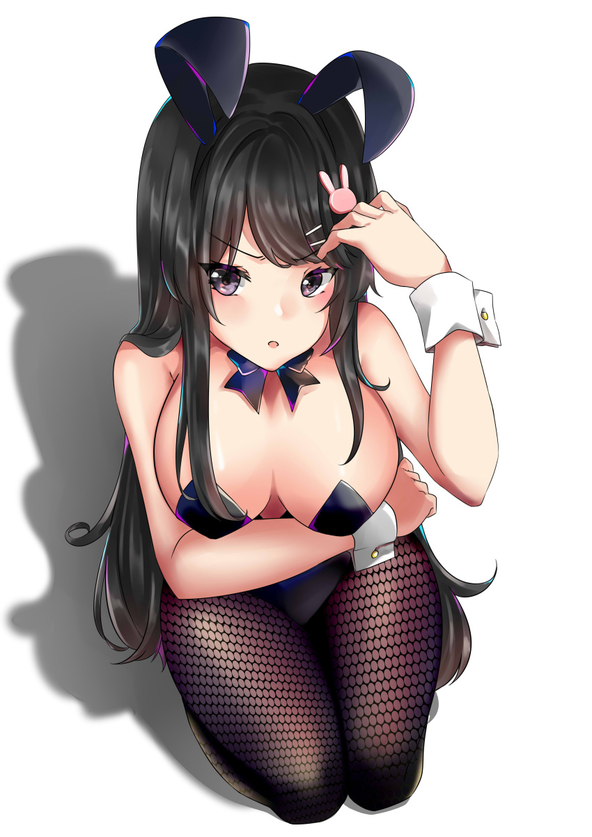 1girl :p absurdres animal_ears arm_up beijixiong black_eyes black_hairband black_legwear black_leotard black_neckwear breasts bunny_hair_ornament bunnysuit cleavage eyebrows_visible_through_hair fake_animal_ears fishnet_pantyhose fishnets from_above full_body hair_ornament hairband hairclip highres kneeling large_breasts leotard looking_at_viewer open_mouth pantyhose rabbit_ears sakurajima_mai seishun_buta_yarou shadow simple_background strapless strapless_leotard tongue tongue_out white_background wrist_cuffs