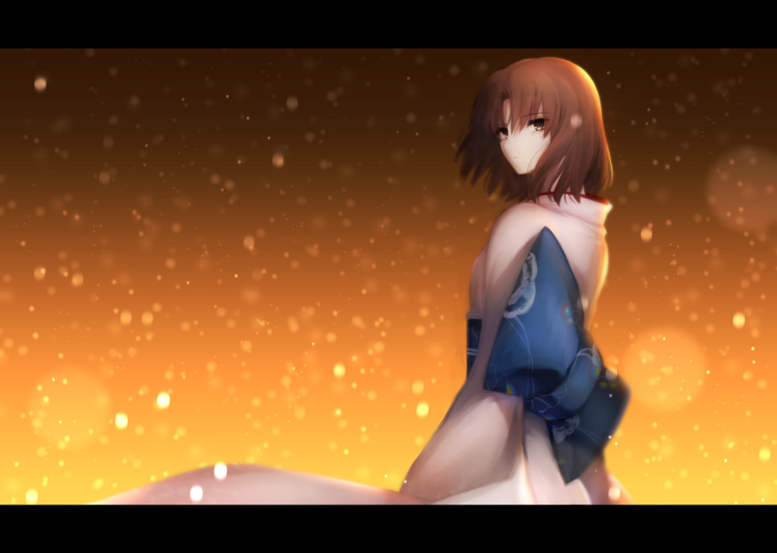 1girl breasts brown_eyes brown_hair closed_mouth eyebrows_visible_through_hair head_tilt highres japanese_clothes kara_no_kyoukai kimono looking_to_the_side night okakasushi outdoors patterned_clothing ryougi_shiki short_hair small_breasts snowflakes snowing solo white_kimono