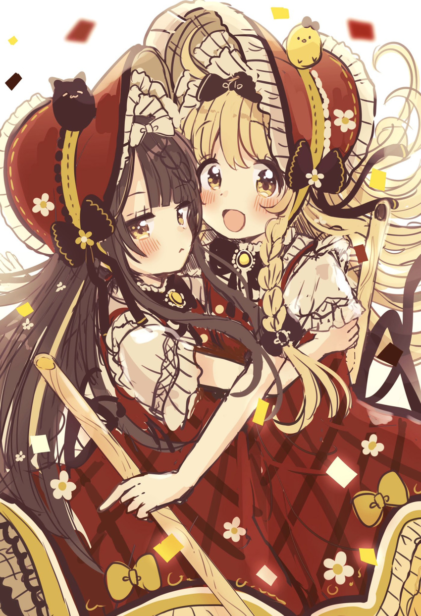 2girls :&lt; :d animal bangs bird black_bow blonde_hair blurry blurry_background blush bonnet bow brown_eyes brown_hair chick closed_mouth commentary_request confetti depth_of_field dress eyebrows_visible_through_hair flower frilled_dress frills hair_between_eyes hair_bow hat highres holding long_hair looking_at_viewer looking_to_the_side multiple_girls open_mouth original plaid plaid_dress red_dress red_hat sakura_oriko shirt short_sleeves simple_background sketch sleeveless sleeveless_dress smile very_long_hair white_background white_bow white_flower white_shirt wide_sleeves yellow_bow