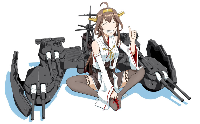 1girl ahoge bare_shoulders birii boots brown_hair brown_skirt closed_eyes detached_sleeves double_bun facing_viewer grin headgear kantai_collection kongou_(kantai_collection) long_hair machinery nontraditional_miko remodel_(kantai_collection) sitting skirt smile solo thigh-highs thigh_boots thumbs_up wide_sleeves