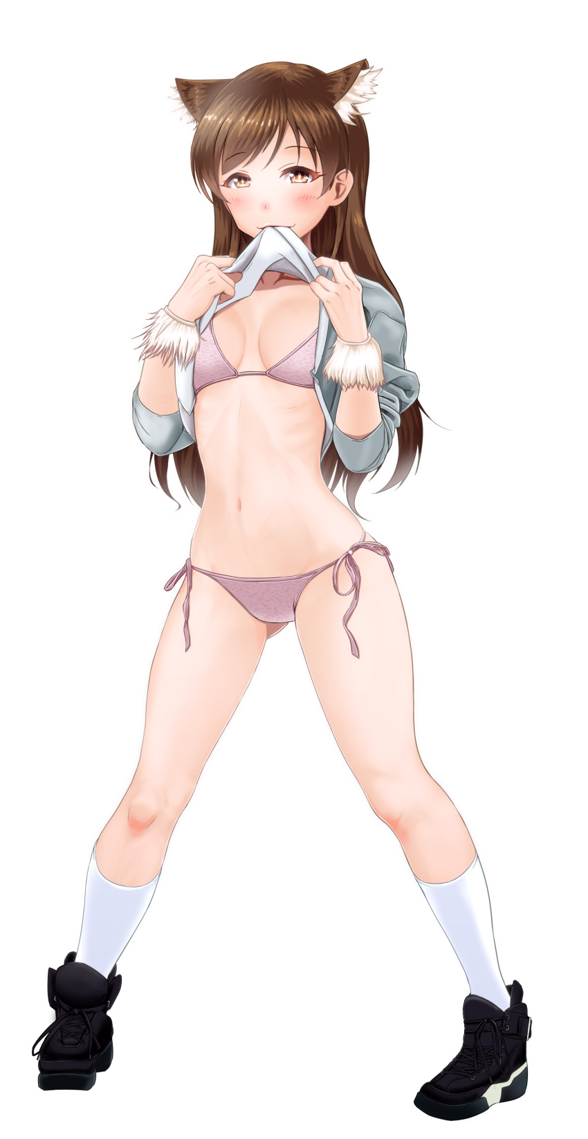 1girl absurdres animal_ear_fluff animal_ears bikini blush brown_eyes brown_hair cat_ears commentary_request eyebrows_visible_through_hair full_body highres idolmaster idolmaster_cinderella_girls kemonomimi_mode kneehighs legs_apart lifted_by_self long_hair mouth_hold navel nitta_minami pink_bikini ribs side-tie_bikini solo standing swimsuit taka_(takahirokun) white_background white_legwear