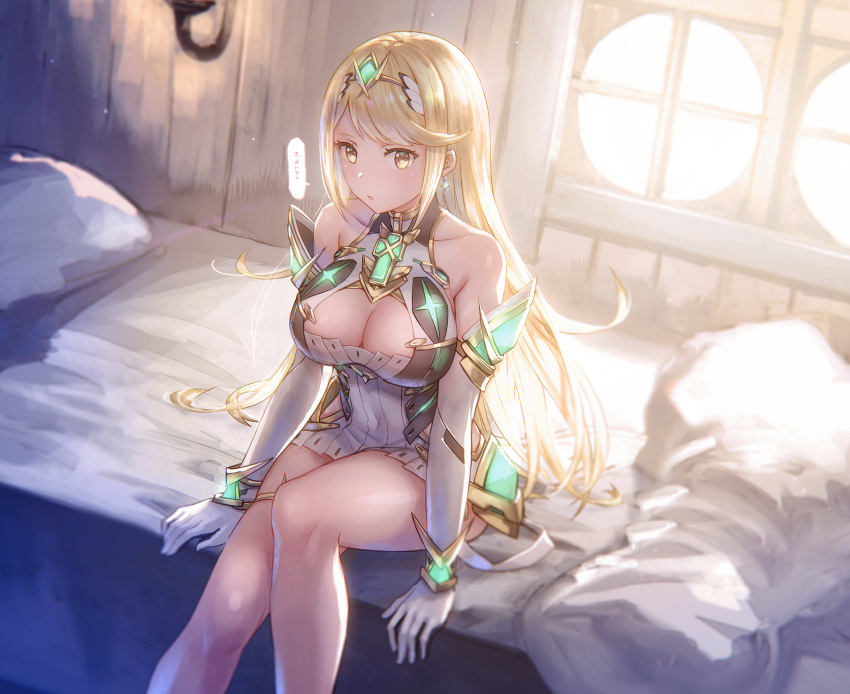 1girl anbe_yoshirou bangs bare_shoulders blonde_hair bracelet breasts cleavage cleavage_cutout collarbone commentary_request covered_navel day dress earrings elbow_gloves gem gloves headpiece highres mythra_(xenoblade) indoors jewelry large_breasts long_hair looking_at_viewer nintendo on_bed pillow round_window short_dress sitting sitting_on_bed solo swept_bangs thigh_strap tiara translated very_long_hair wall_lamp white_gloves xenoblade_(series) xenoblade_2 yellow_eyes
