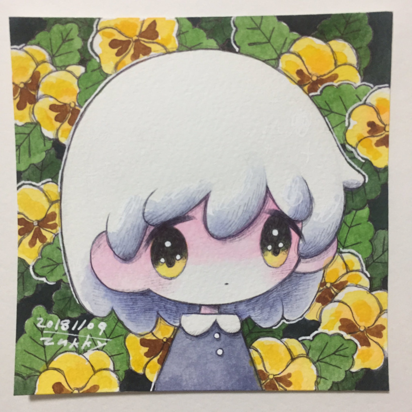 1girl artist_name bangs black_eyes collared_dress dated dress expressionless flower gradient_eyes highres leaf multicolored multicolored_eyes no_nose original pansy photo short_hair signature solo upper_body white_hair yellow_eyes yellow_flower zukky000