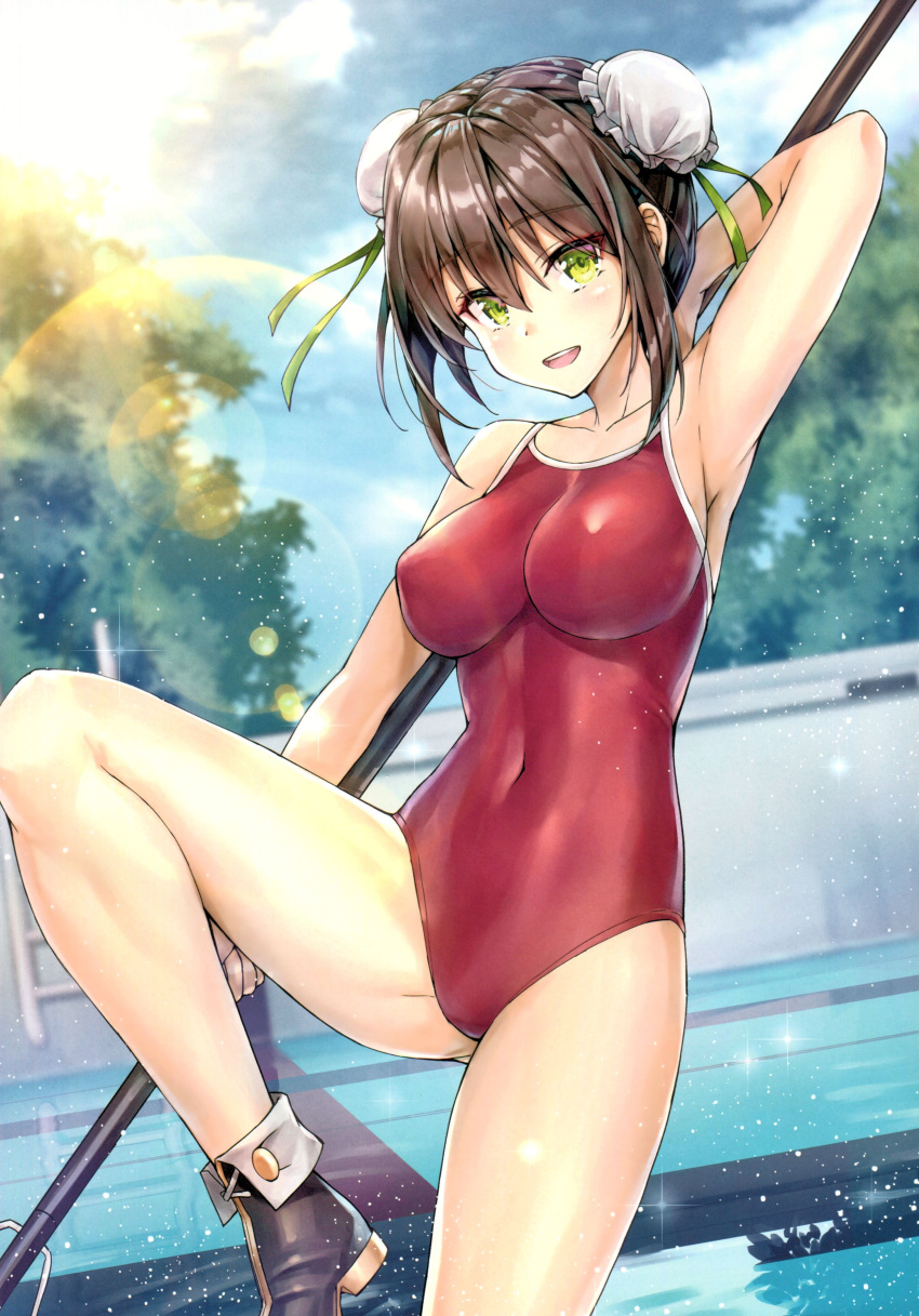 1girl absurdres armpits bangs bare_shoulders black_hair blush breasts collarbone covered_navel day eyebrows_visible_through_hair fate/grand_order fate_(series) green_eyes highres holding kotatsu_(kotatsu358) looking_at_viewer medium_breasts one-piece_swimsuit open_mouth outdoors polearm pool qin_liangyu_(fate) red_swimsuit scan shiny shiny_clothes shiny_hair shiny_skin smile solo swimsuit water weapon