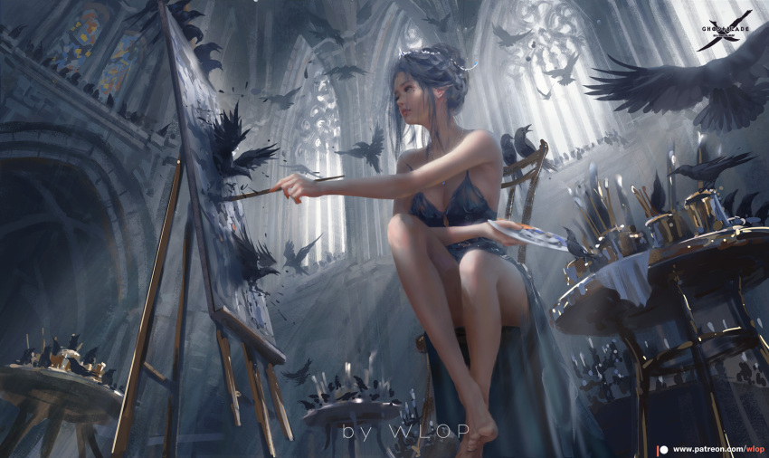 1girl arch artist_name bare_shoulders bird blue_dress blue_hair breasts chair cleavage dress easel ghostblade highres holding holding_paintbrush indoors looking_away paintbrush pointing short_hair sitting table window wlop