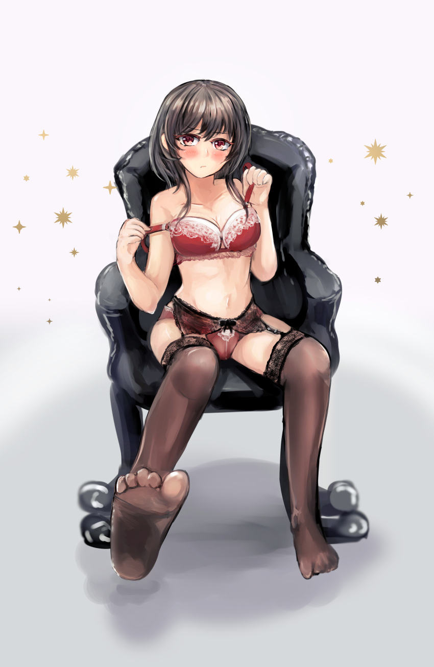 1girl absurdres bangs black_hair black_legwear blush bra bra_pull breasts cleavage commentary_request embarrassed feet foot_up full_body garter_straps highres kantai_collection large_breasts long_hair looking_at_viewer miyako_(00727aomiyako) navel on_chair red_bra red_eyes simple_background sitting soles star thigh-highs toes underwear underwear_only white_background yamashiro_(kantai_collection)