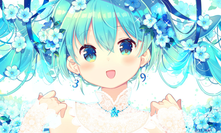 1girl 39 :d aqua_eyes aqua_hair bangs blue_flower blue_ribbon blush earrings floral_background flower hair_flower hair_ornament hair_ribbon hands_up hatsune_miku highres ikari_(aor3507) jewelry lace-trimmed_sleeves lace_trim long_hair looking_at_viewer necklace number_earrings open_mouth portrait ribbon smile solo sparkle twintails twitter_username vocaloid