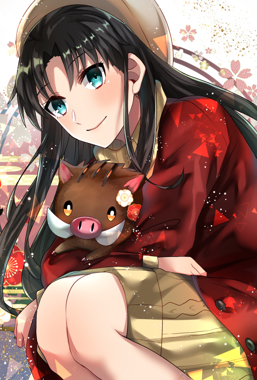 1girl animal black_hair blue_eyes coat crossed_arms dress eyebrows_visible_through_hair fate/stay_night fate_(series) floating_hair getsuyoubi grey_hat grey_sweater highres holding holding_animal long_hair looking_at_viewer open_clothes open_coat red_coat ribbed_sweater shiny shiny_hair short_dress smile solo squatting sweater sweater_dress tohsaka_rin turtleneck turtleneck_sweater very_long_hair