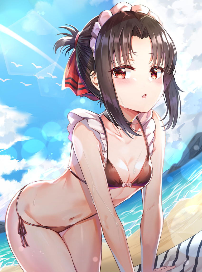 1girl absurdres all_fours bangs beach beach_towel bikini black_bikini black_choker black_hair blue_sky blush bow bow_bikini breasts choker cleavage clouds collarbone commentary_request day eyebrows_visible_through_hair folded_ponytail frills hair_ribbon highres kaguya-sama_wa_kokurasetai_~tensai-tachi_no_renai_zunousen~ korean_commentary lens_flare looking_at_viewer maid maid_headdress navel ocean open_mouth outdoors parted_bangs red_eyes red_ribbon revision ribbon shinomiya_kaguya side-tie_bikini sidelocks sky small_breasts solo sunhyun swimsuit towel water wet white_bow