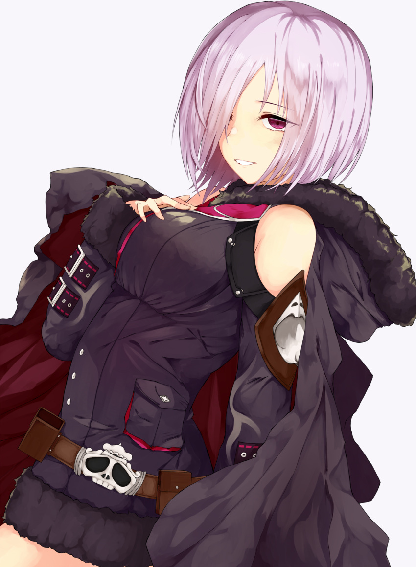 1girl black_coat breasts dutch_angle grin hair_over_one_eye highres hood hood_down long_sleeves medium_breasts shingeki_no_bahamut short_hair shoulder_cutout silver_hair simple_background smile solo standing violet_eyes white_background wizardess_of_oz yamato_(muchuu_paradigm)