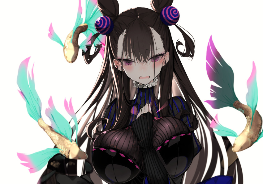 1girl bangs black_hair blush breasts double_bun dress fate/grand_order fate_(series) fish hair_ornament highres large_breasts long_hair looking_at_viewer murasaki_shikibu_(fate) naruwe open_mouth simple_background sleeves_past_wrists solo tears violet_eyes white_background