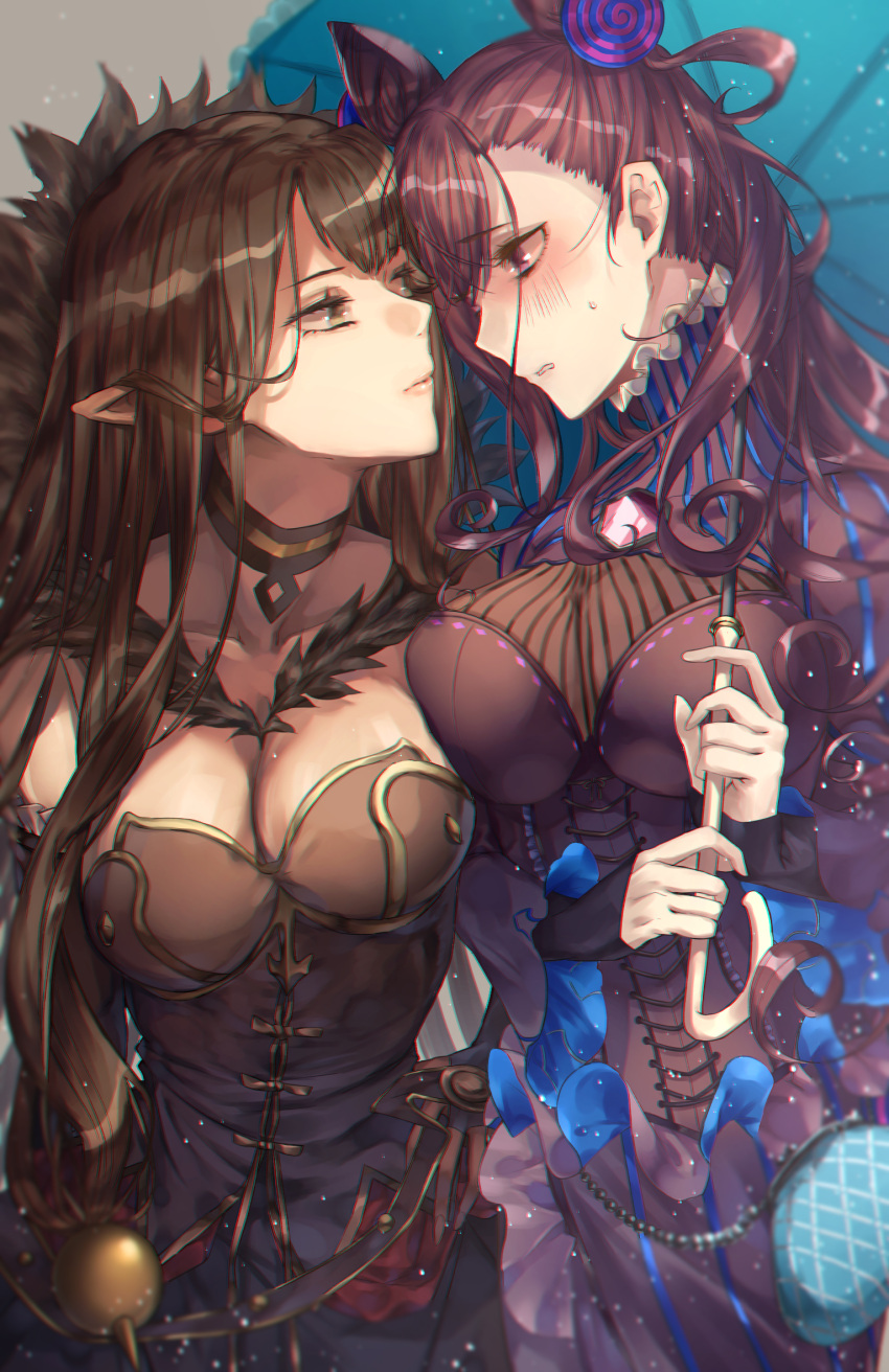 1girl 2girls absurdly_long_hair bangs black_dress black_hair blush breasts cleavage detached_sleeves double_bun dress eye_contact eyebrows_visible_through_hair fate/apocrypha fate/grand_order fate_(series) frills fur_trim hair_between_eyes hair_ornament highres large_breasts long_dress long_hair long_sleeves looking_at_another minami_leo multiple_girls murasaki_shikibu_(fate) open_mouth pointy_ears puffy_sleeves semiramis_(fate) umbrella very_long_hair violet_eyes yellow_eyes