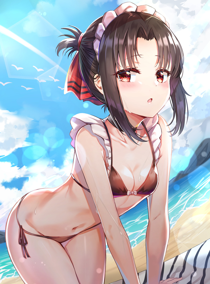 1girl absurdres all_fours bangs beach beach_towel bikini black_bikini black_choker black_hair blue_skirt blush bow_bikini breasts choker cleavage clouds collarbone day eyebrows_visible_through_hair folded_ponytail frills hair_ribbon highres kaguya-sama_wa_kokurasetai_~tensai-tachi_no_renai_zunousen~ lens_flare looking_at_viewer maid maid_headdress navel ocean open_mouth outdoors parted_bangs red_eyes red_ribbon ribbon shinomiya_kaguya side-tie_bikini sidelocks skirt sky small_breasts solo sunhyun swimsuit towel water wet white_bikini