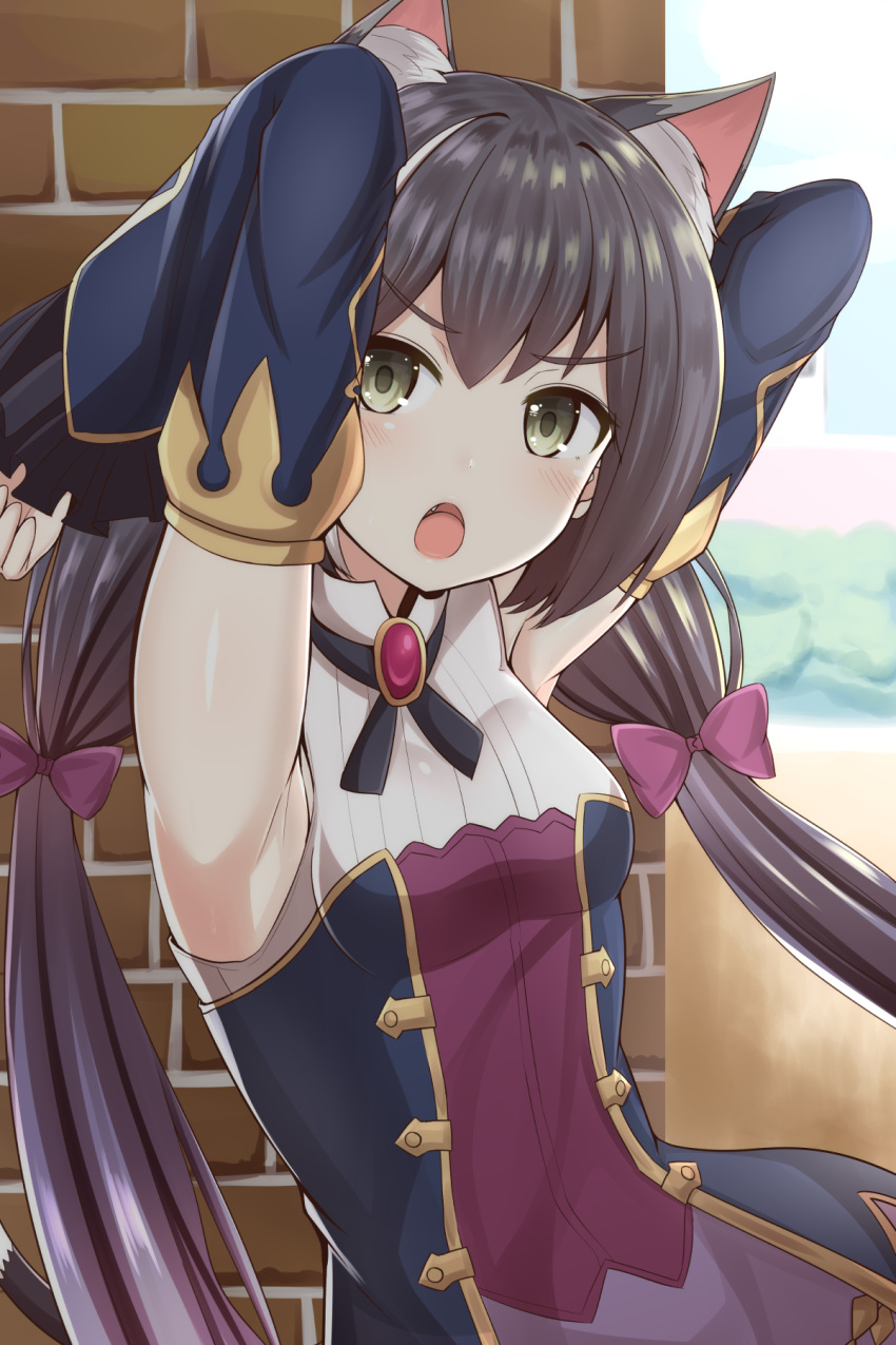 &gt;:o 1girl animal_ear_fluff animal_ears armpits black_hair breasts brick_wall cat_ears detached_sleeves eyebrows_visible_through_hair fang green_eyes highres kyaru_(princess_connect) long_hair looking_at_viewer low_twintails masa_masa multicolored_hair princess_connect! princess_connect!_re:dive small_breasts solo streaked_hair twintails