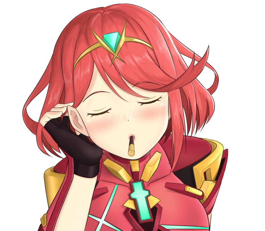 1girl bangs blush closed_eyes food gem headpiece pyra_(xenoblade) jewelry nintendo pocky pocky_kiss redhead shared_food short_hair simple_background solo sssemiii swept_bangs white_background xenoblade_(series) xenoblade_2