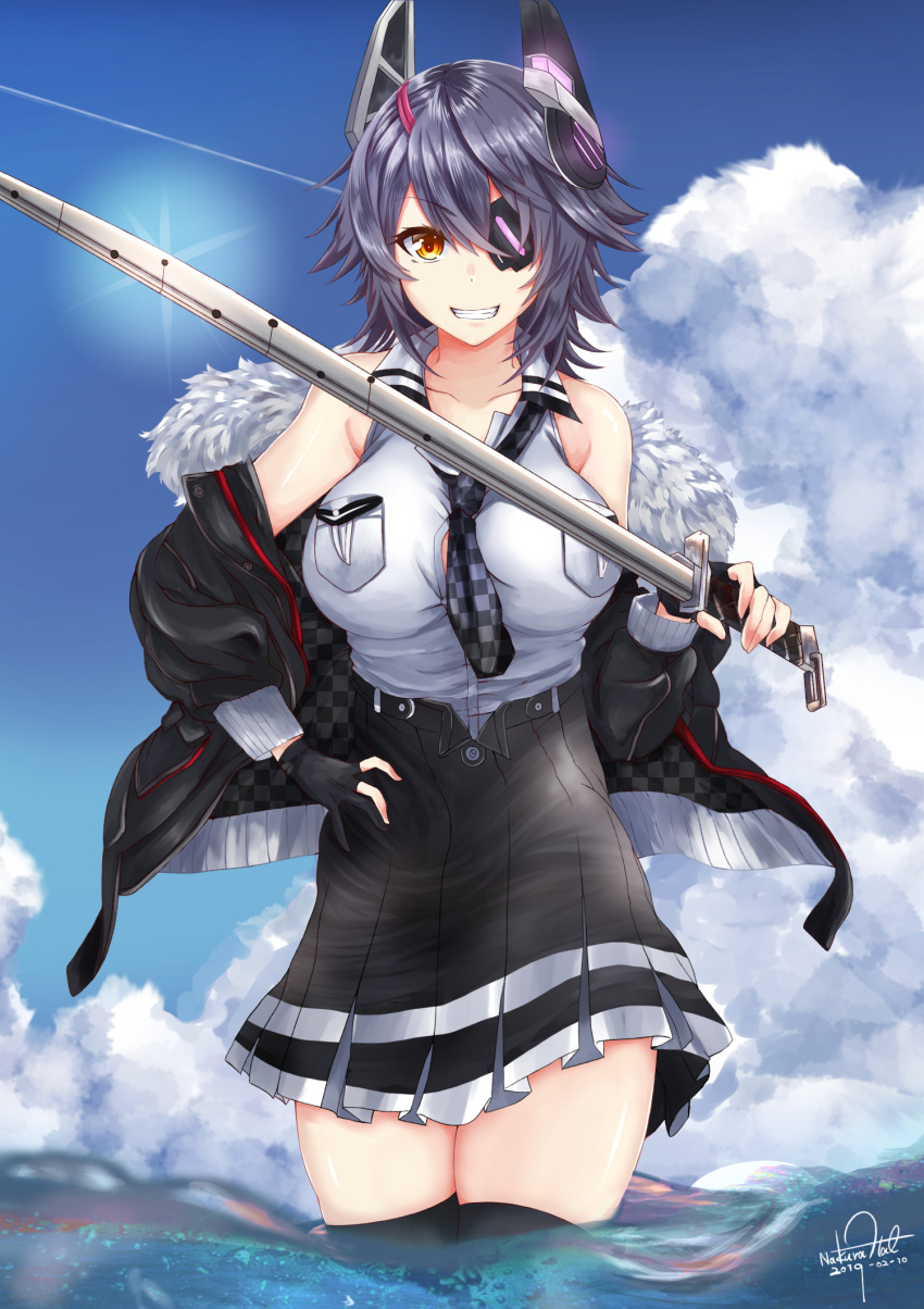1girl bare_shoulders black_gloves black_legwear breasts checkered checkered_neckwear clouds day eyepatch fur_collar gloves grin headgear high-waist_skirt highres holding holding_sword holding_weapon kantai_collection large_breasts long_sleeves nakura_haru necktie partly_fingerless_gloves purple_hair remodel_(kantai_collection) school_uniform shirt short_hair signature skirt sky smile solo sword tenryuu_(kantai_collection) thigh-highs wading weapon yellow_eyes