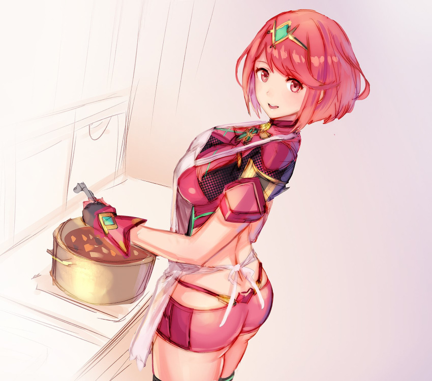 1girl anbe_yoshirou apron ass bangs breasts cooking covered_navel earrings fingerless_gloves gloves headpiece highres hips jewelry large_breasts nintendo pyra_(xenoblade) red_eyes red_shorts redhead short_hair shorts shoulder_armor swept_bangs thick_thighs thighs tiara wide_hips xenoblade_(series) xenoblade_2