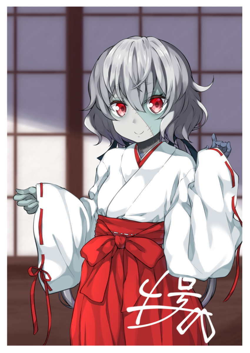 1girl alternate_costume black_ribbon blue_skin blurry blurry_background depth_of_field eyebrows_visible_through_hair eyes_visible_through_hair fusuma grey_hair hair_between_eyes hair_ribbon hakama highres japanese_clothes konno_junko long_hair looking_at_viewer low_twintails miko miyabi_(miyabeeya) patchwork_skin red_eyes ribbon ribbon-trimmed_sleeves ribbon_trim sleeves_past_wrists sliding_doors smile solo stitches twintails wide_sleeves zombie_land_saga