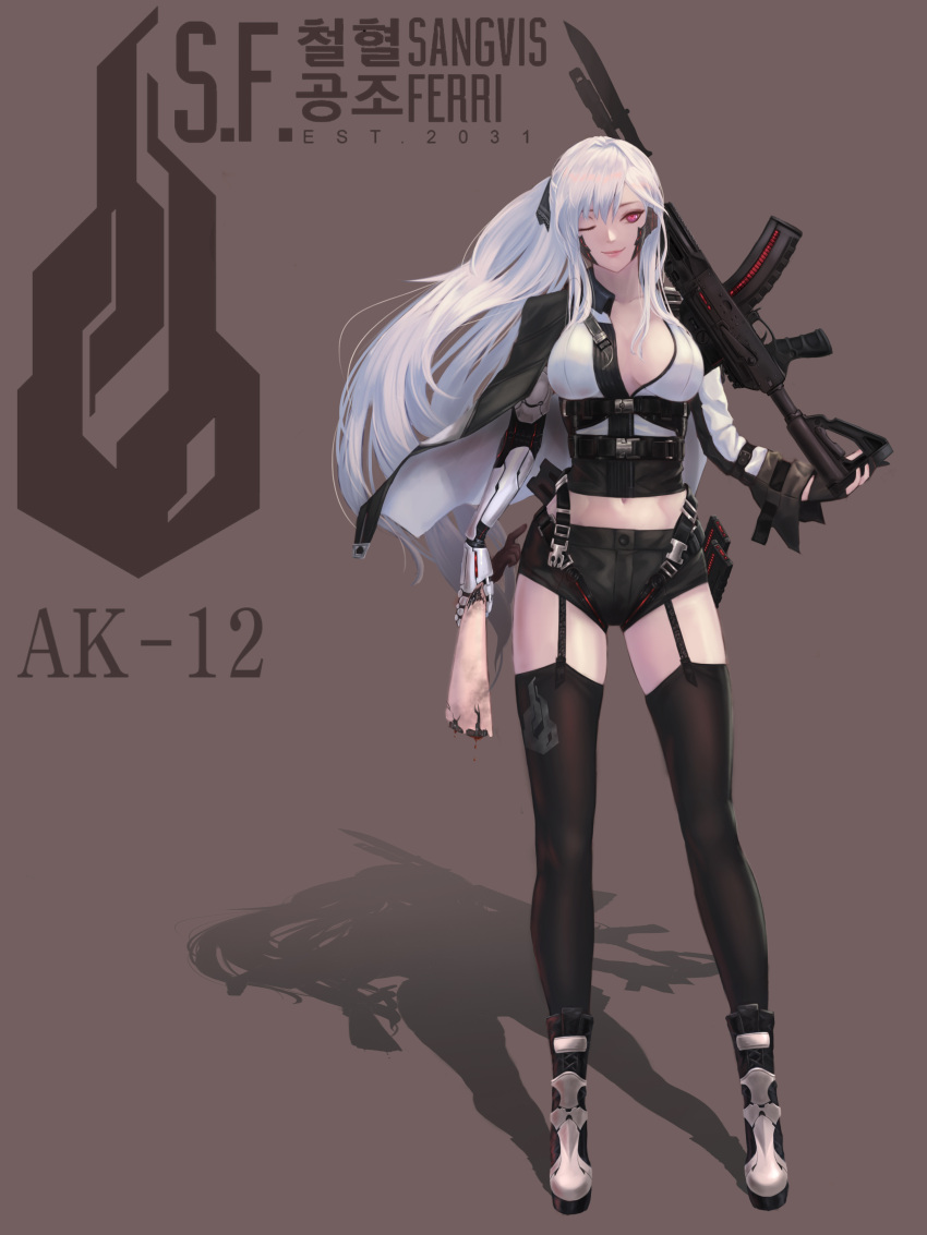 1girl absurdres ak-12 ak-12_(girls_frontline) bangs black_legwear blood boots breasts cape cleavage collarbone full_body garter_straps girls_frontline gloves gun highres holding holding_gun holding_weapon jacket large_breasts long_hair looking_at_viewer magazine_(weapon) mechanical_arm midriff navel one_eye_closed ribbon short_shorts shorts silver_hair smile solo standing thigh-highs un_lim violet_eyes weapon