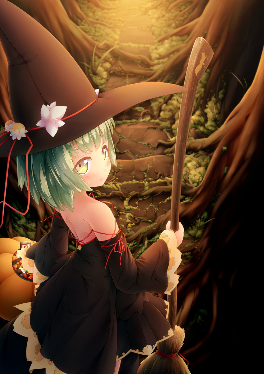 1girl absurdres backless_dress backless_outfit bangs black_dress black_hat blush broom candy commentary_request detached_sleeves dress embarrassed eyebrows_visible_through_hair flower food forest green_hair halloween hat hat_flower highres holding holding_broom jack-o'-lantern looking_at_viewer looking_back nature original shiro_dai_kitsune short_hair solo sweatdrop witch witch_hat yellow_eyes