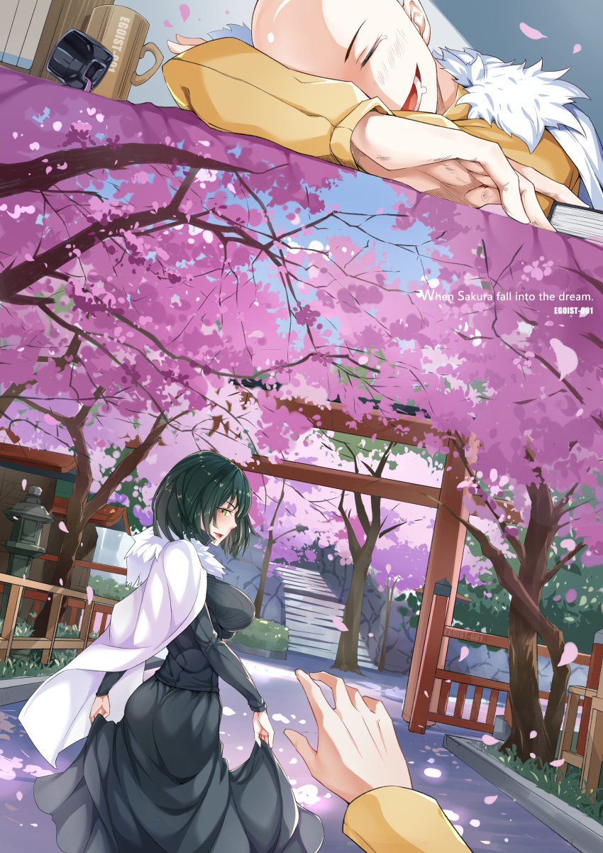 1boy 1girl absurdres architecture bald black_dress blue_sky breasts cherry_blossoms closed_eyes commentary_request cup dress east_asian_architecture egoist-001 fubuki_(one-punch_man) fur_coat fur_collar green_dress green_eyes green_hair highres jacket_on_shoulders large_breasts long_skirt mug one-punch_man open_mouth outstretched_hand petals ribbed_sweater saitama_(one-punch_man) short_hair skirt sky sleeping stairs sweater torii tree yellow_sweater