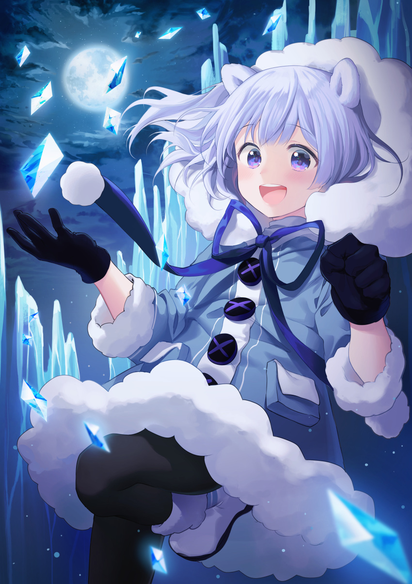 1girl :d absurdres alpha_(ypalpha79) animal_ears bangs bear_ears black_gloves black_legwear blue_bow blue_coat blue_ribbon boots bow buttons clenched_hand clouds cloudy_sky commentary eyebrows_visible_through_hair floating_hair from_below full_moon fur-trimmed_boots fur_coat fur_trim gloves hand_up highres hood hood_up hooded_coat huge_filesize ice lavender_hair leg_up long_sleeves looking_at_viewer moon night night_sky open_mouth original outdoors pantyhose pocket ribbon round_teeth short_hair sky smile snowball solo standing standing_on_one_leg star_(sky) starry_sky symbol_commentary tareme teeth violet_eyes white_footwear