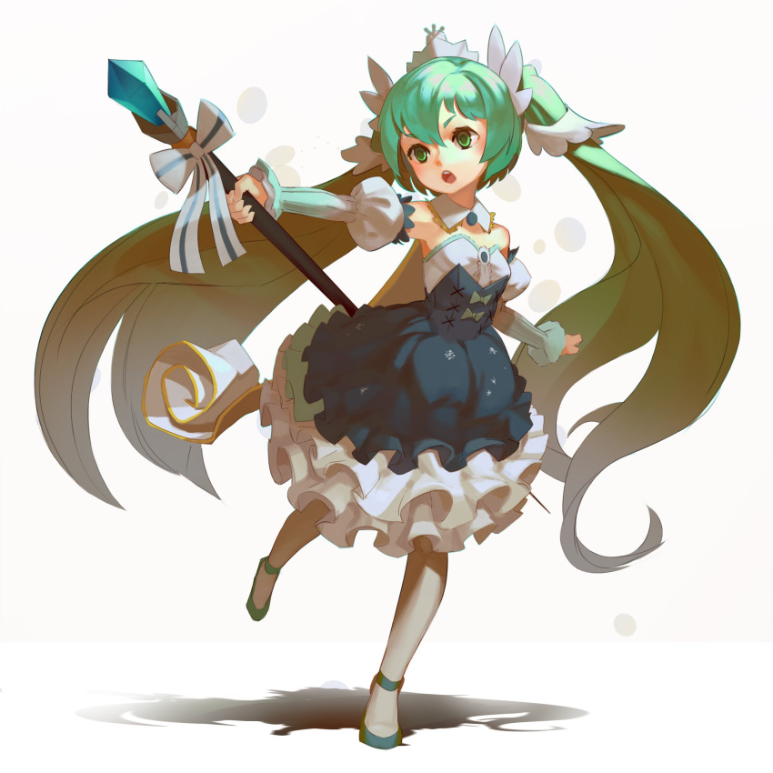1girl absurdres aqua_footwear aqua_hair bangs bare_shoulders bow detached_collar detached_sleeves dress frilled_dress frills full_body green_eyes hair_between_eyes hat hatsune_miku highres juliet_sleeves long_hair long_sleeves open_mouth puffy_sleeves shadow shoes solo staff standing standing_on_one_leg topdylan twintails very_long_hair vocaloid white_background yuki_miku