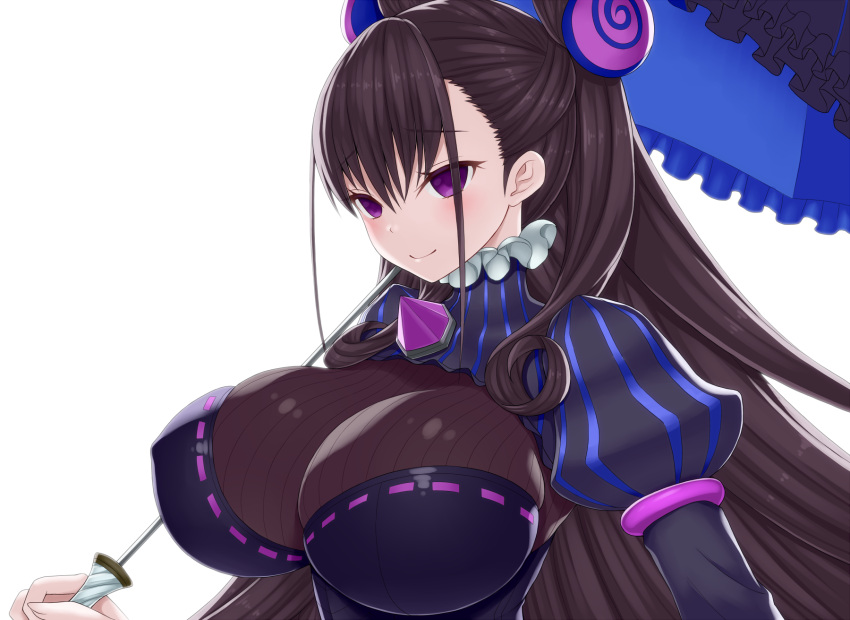1girl asamura_hiori black_hair blush breasts covered_nipples double_bun dress eyebrows_visible_through_hair fate/grand_order fate_(series) hair_ornament highres large_breasts looking_at_viewer murasaki_shikibu_(fate) simple_background smile solo umbrella violet_eyes white_background