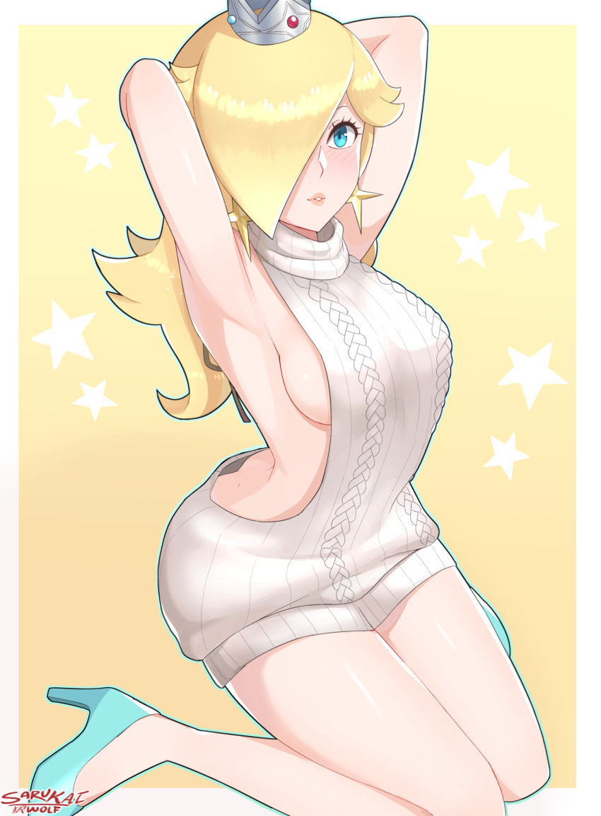 1girl absurdres aran_sweater armpits ass backless_dress backless_outfit bare_back bare_shoulders blonde_hair blue_eyes breasts butt_crack dimples_of_venus downpants dress hair_over_one_eye high_heels highres long_hair super_mario_bros. meme_attire naked_sweater nintendo ribbed_sweater rosetta_(mario) sarukaiwolf sideboob simple_background smile solo super_mario_bros. super_smash_bros. super_smash_bros._ultimate sweater sweater_dress turtleneck turtleneck_sweater virgin_killer_sweater