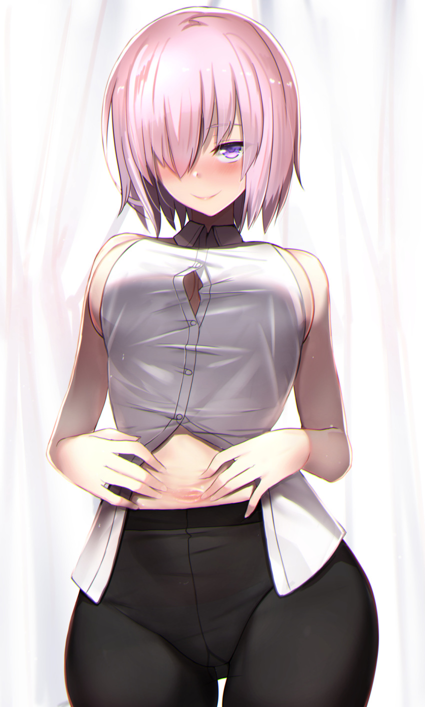 1girl bangs bare_shoulders black_legwear blush breasts closed_mouth commentary_request cowboy_shot fate/grand_order fate_(series) hair_over_one_eye highres large_breasts looking_at_viewer mash_kyrielight navel pantyhose purple_hair seductive_smile shirt short_hair sideboob sidelocks skindentation sleeveless sleeveless_shirt smile solo spread_navel sweat taut_clothes taut_shirt untsue violet_eyes white_shirt