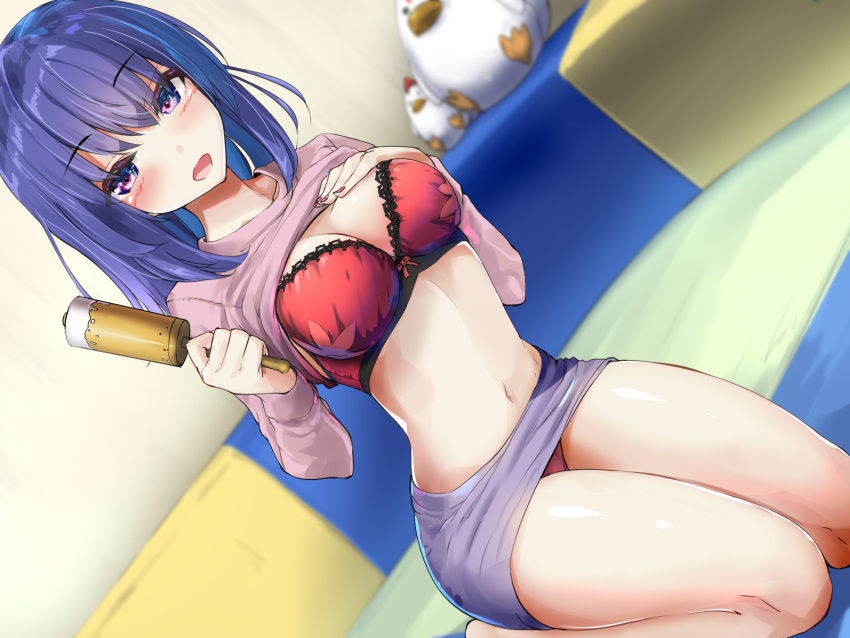 1girl :d barefoot blue_eyes blue_hair blurry blush bra breasts cleavage collarbone depth_of_field dutch_angle hand_on_own_chest hands_up highres holding indoors lace lace-trimmed_bra long_hair long_sleeves looking_at_viewer medium_breasts miniskirt nail_polish navel open_mouth original paint_roller panties pencil_skirt pink_shirt purple_skirt red_bra red_nails red_panties seiza shirt shirt_lift sitting skirt smile solo stomach stuffed_chicken tenrai thighs underwear