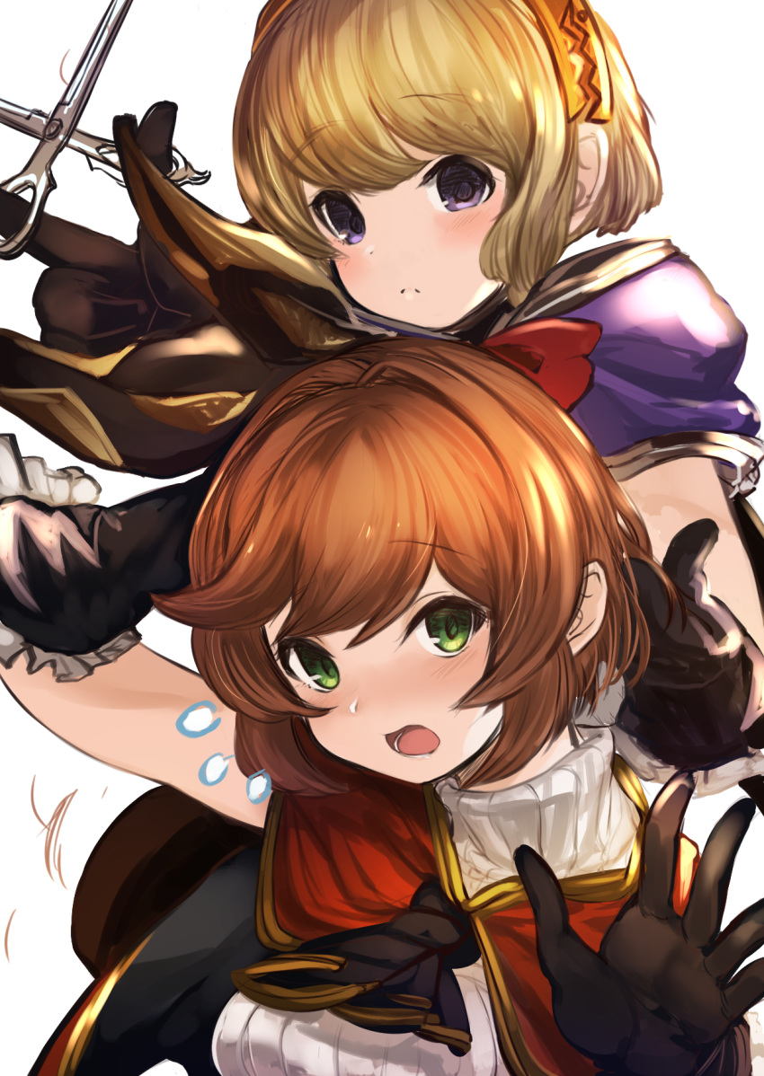2girls alternate_hair_length alternate_hairstyle arm_behind_head arm_up bad_hands belt blonde_hair brown_hair cagliostro_(granblue_fantasy) cape clarisse_(granblue_fantasy) commentary_request flying_sweatdrops gloves granblue_fantasy green_eyes hairband highres maou_(maoudaisukiya) multiple_girls open_mouth orange_hair red_ribbon ribbed_sweater ribbon scissors short_hair simple_background sweater tiara upper_body violet_eyes