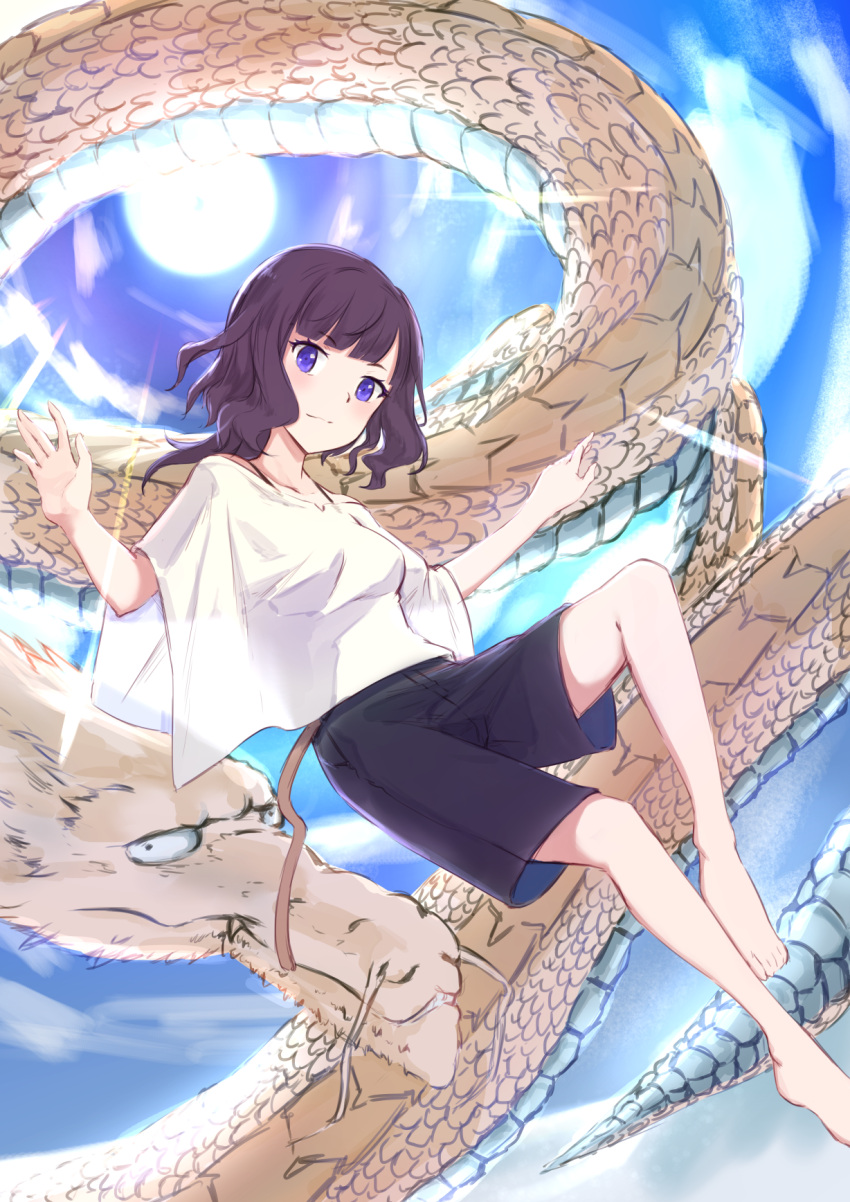 1girl bangs barefoot black_shorts blue_sky blunt_bangs blush breasts brown_hair closed_mouth clouds commentary_request day dragon eastern_dragon eyebrows_visible_through_hair fate/grand_order fate_(series) highres jilu katsushika_hokusai_(fate/grand_order) light_smile long_hair looking_at_viewer outdoors shirt short_shorts shorts sky small_breasts solo sun violet_eyes white_shirt