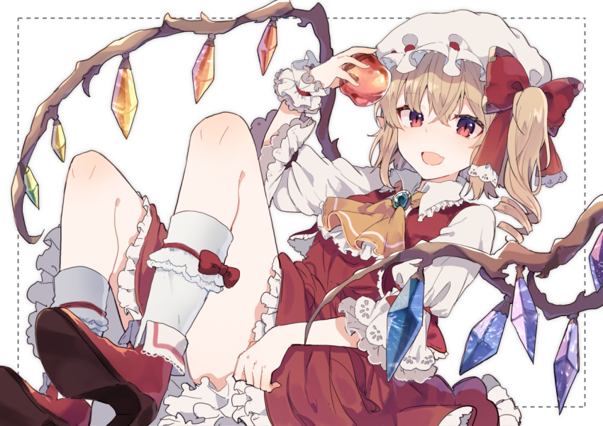 1girl :d ascot bangs blonde_hair bow crossed_bangs eyebrows_visible_through_hair fang flandre_scarlet hair_between_eyes hair_bow hand_up high_heels holding ikeuchi_tanuma looking_at_viewer one_side_up open_mouth orange_neckwear red_apple red_bow red_eyes red_footwear red_skirt red_vest shoes simple_background sitting skirt slit_pupils smile socks touhou vest white_background white_legwear wings