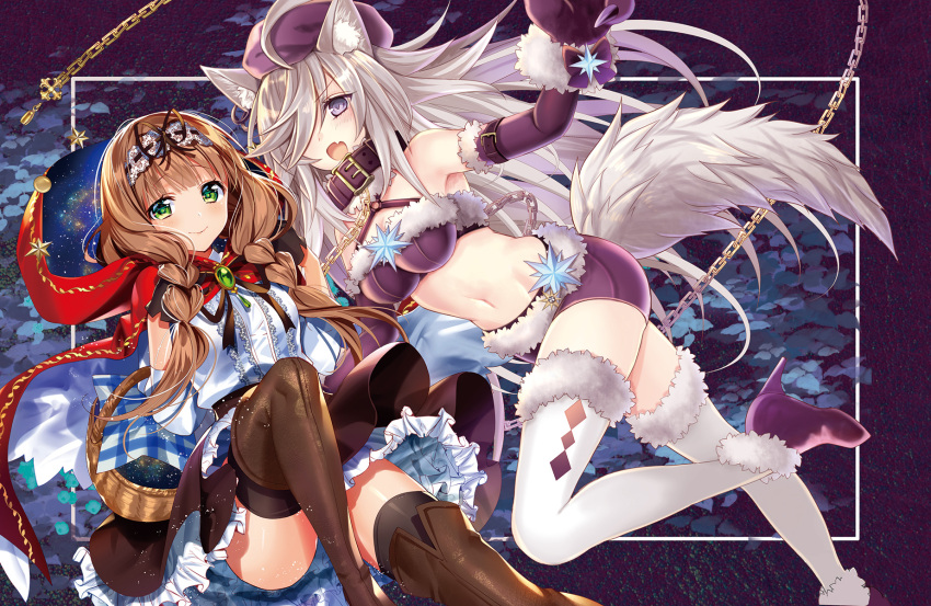 2girls :d ahoge animal_ear_fluff animal_ears arm_belt bare_shoulders black_gloves black_legwear black_neckwear blush boots braid brooch brown_footwear brown_hair brown_skirt chains cloak closed_mouth crop_top cross elbow_gloves fang frilled_shirt frilled_skirt frills fur_trim gloves green_eyes hair_over_one_eye hair_over_shoulder hands_up hat headdress high_heels highres hood hooded_cloak jewelry knee_up leg_up light_particles long_hair long_sleeves looking_at_viewer low_twintails midriff miniskirt multiple_girls navel neck_ribbon nifu open_mouth original paw_gloves paws plaid purple_footwear purple_hat red_cloak ribbon shirt silver_hair skirt smile starry_sky_print stomach tail thigh-highs thigh_boots twin_braids twintails very_long_hair violet_eyes white_legwear white_shirt wolf_ears wolf_girl wolf_tail