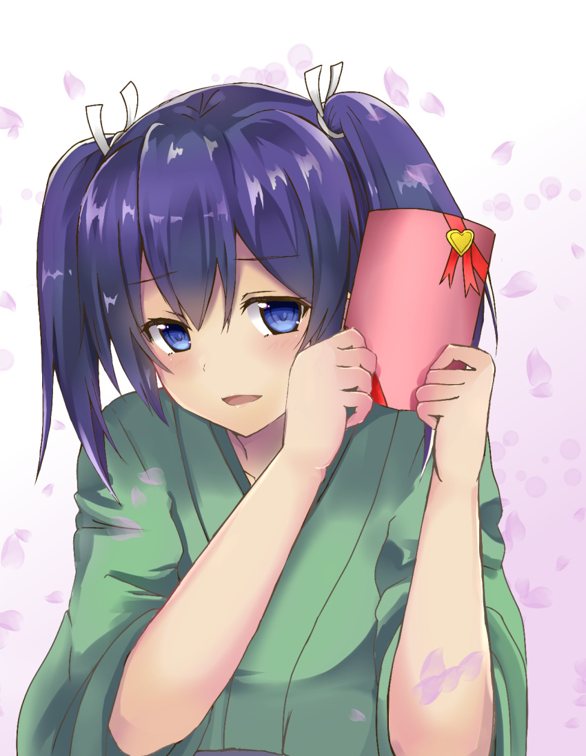 1girl blue_eyes blue_hair blush box commentary_request eyebrows_visible_through_hair gift gift_box hair_ribbon highres holding holding_box japanese_clothes kantai_collection kimono looking_at_viewer petals ribbon short_hair simple_background smile solo souryuu_(kantai_collection) syun3783 twintails upper_body valentine white_background