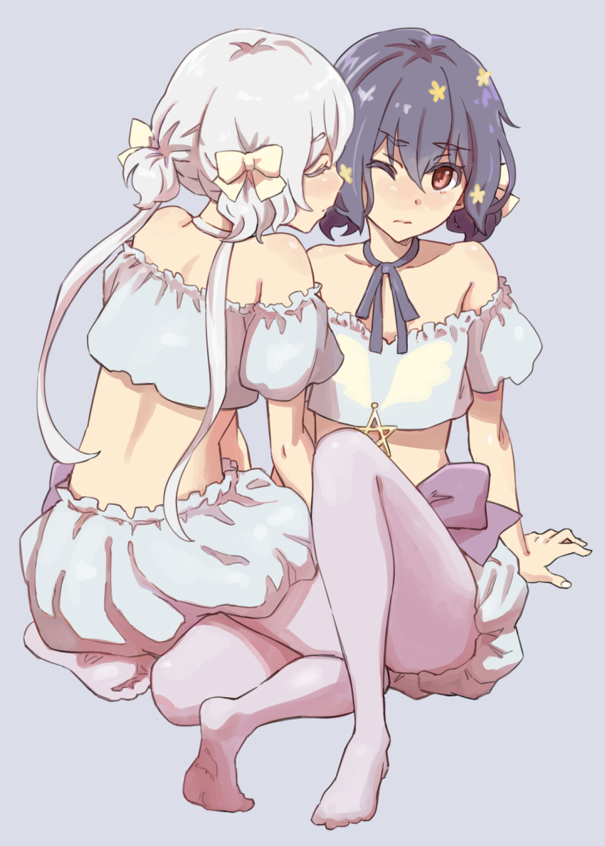 2girls ;( bare_shoulders black_hair blue_ribbon blush bow closed_eyes closed_mouth facing_viewer female full_body grey_background hair_between_eyes hair_bow hair_ornament highres imminent_kiss konno_junko low_twintails midriff mizuno_ai multiple_girls neck_ribbon no_shoes one_eye_closed pantyhose red_eyes ribbon seiza short_hair simple_background sitting twintails white_bow white_hair white_legwear wince yamanori_(yamanori56) yuri zombie_land_saga