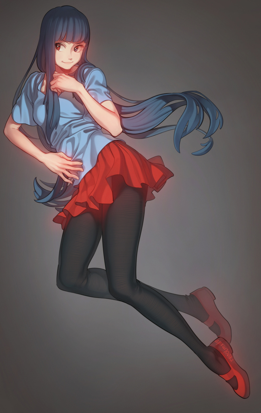 1girl absurdres aconitea artist_name bangs blue_hair blue_shirt breasts brown_eyes closed_mouth commentary commission highres long_hair looking_to_the_side mary_janes original pantyhose pleated_skirt red_footwear red_skirt shirt shoes short_sleeves skirt small_breasts smile solo very_long_hair