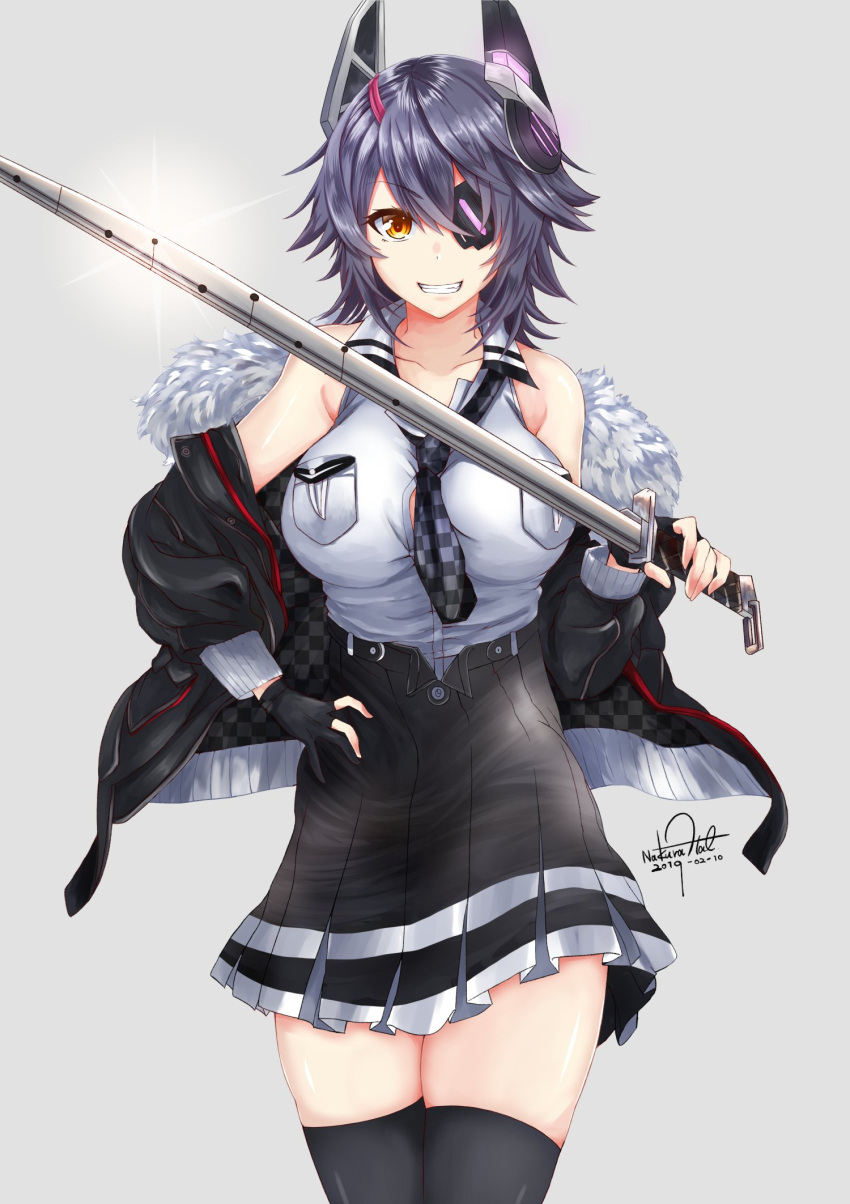 1girl bare_shoulders black_gloves breasts checkered checkered_neckwear collared_shirt commentary_request dated eyepatch fur_collar gloves grey_background grin headgear highres holding holding_sword holding_weapon kantai_collection large_breasts nakura_haru necktie parka partly_fingerless_gloves purple_hair school_uniform shirt short_hair signature smile solo sword tenryuu_(kantai_collection) thigh-highs weapon yellow_eyes