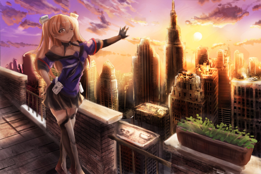 1girl black_gloves black_legwear black_skirt blue_shirt breasts brown_eyes building city cityscape cleavage commentary_request empire_state_building frown full_body garter_straps gloves hadron9 johnston_(kantai_collection) kantai_collection legs_crossed light_brown_hair long_hair medium_breasts new_york new_york_city off_shoulder one_eye_closed pleated_skirt sailor_collar scenery school_uniform serafuku shin_guards shirt single_glove skirt skyscraper solo standing sunset thigh-highs two_side_up