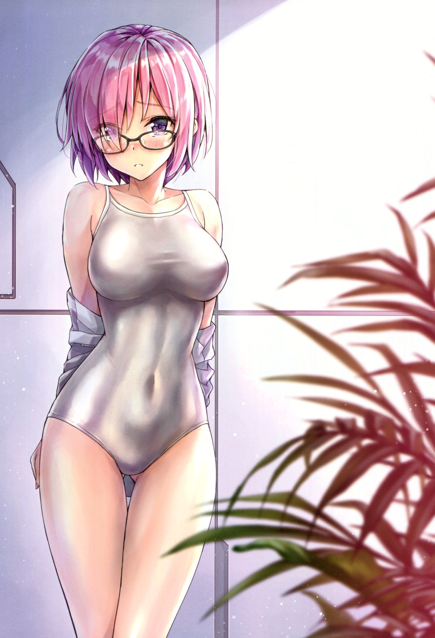 1girl absurdres arms_behind_back bangs bare_shoulders blush breasts collarbone covered_navel eyebrows_visible_through_hair fate/grand_order fate_(series) fingernails glasses gluteal_fold highres indoors jacket kotatsu_(kotatsu358) looking_at_viewer mash_kyrielight medium_breasts off_shoulder one-piece_swimsuit parted_lips pink_hair scan shiny shiny_clothes shiny_skin short_hair simple_background solo swimsuit violet_eyes white_swimsuit