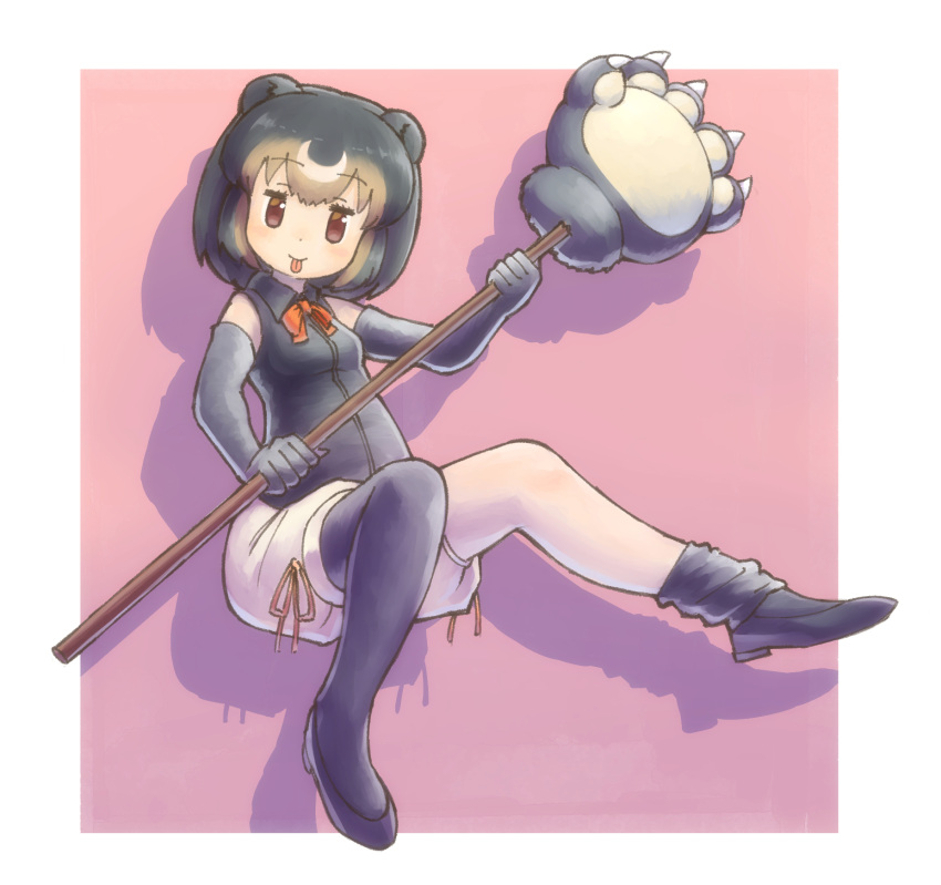 1girl :p bear_paw_hammer black_footwear black_gloves black_hair black_legwear black_shirt brown_eyes brown_hair collared_shirt commentary elbow_gloves eyebrows_visible_through_hair full_body gloves highres kemono_friends looking_at_viewer loose_thighhigh medium_hair multicolored_hair neck_ribbon okome_kogashi orange_neckwear pink_background puffy_shorts ribbon shirt shoes shorts simple_background sleeveless sleeveless_shirt smile solo sun_bear_(kemono_friends) thigh-highs tongue tongue_out white_shorts wing_collar