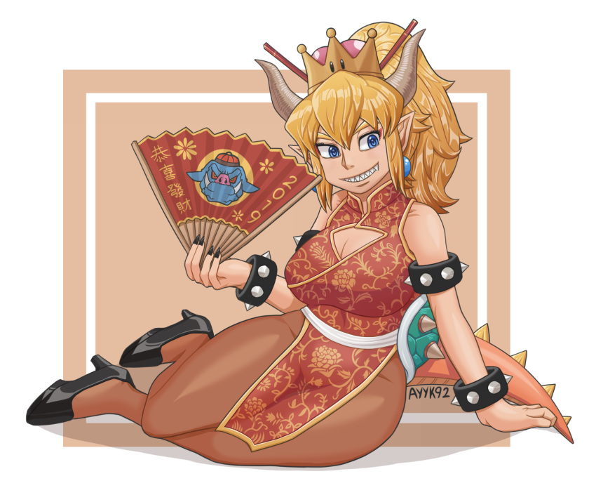 1girl ayyk92 black_nails blonde_hair blue_earrings borrowed_design bowser bowsette bracelet china_dress chinese_clothes chinese_new_year collar crown dress fan ganon highres horns jewelry super_mario_bros. nail_polish new_super_mario_bros._u_deluxe nintendo pantyhose sharp_teeth spiked_armlet spiked_bracelet spiked_collar spiked_shell spiked_tail spikes super_crown super_mario_bros. tail teeth turtle_shell