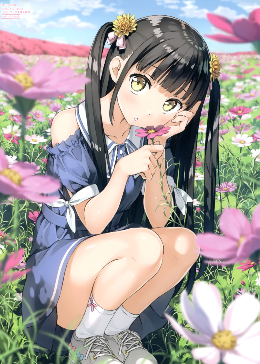 1girl absurdres bangs bare_shoulders black_hair blue_dress blue_sky blunt_bangs blush bow breasts buttons clouds cloudy_sky collarbone collared_dress daisy dress eyebrows_visible_through_hair eyelashes flower grass grey_footwear hair_bow hair_flower hair_ornament hand_on_own_cheek head_rest highres holding holding_flower kantoku long_hair looking_at_viewer nagisa_(kantoku) open_mouth original shoelaces shoes shoulder_cutout sidelocks sky sneakers socks solo squatting teeth white_legwear yellow_eyes