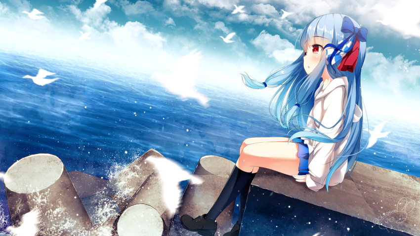 1girl animal arm_support bird black_footwear black_legwear blue_bow blue_hair blue_skirt blue_sky bow chinomaron clouds cloudy_sky commentary_request day dutch_angle foam from_side hair_bow highres hood hood_down hoodie kneehighs kotonoha_aoi long_hair long_sleeves ocean outdoors pleated_skirt red_eyes shoes sidelocks signature sitting skirt sky sleeves_past_wrists solo twitter_username very_long_hair voiceroid water white_hoodie